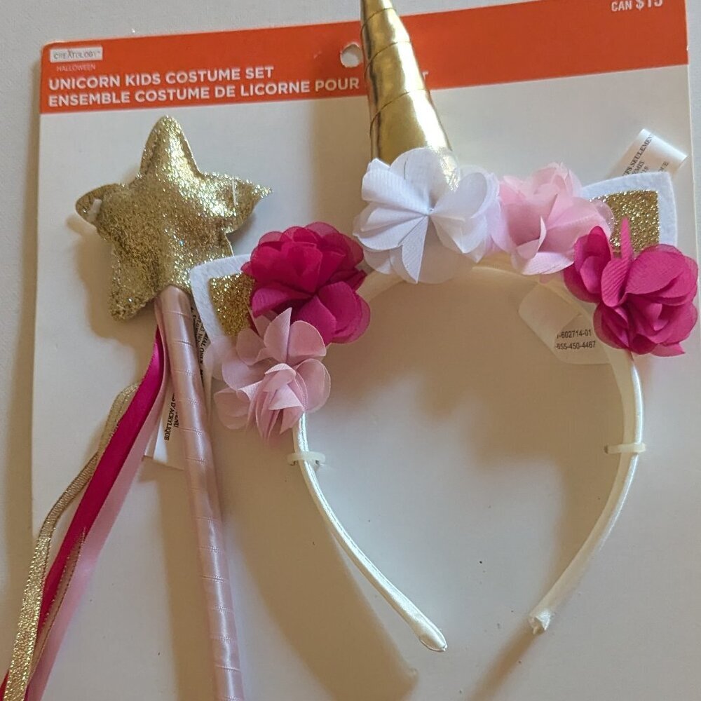 NWT Kids Pink Gold Unicorn Halloween Costume Flowers Headband Star Wand Michaels